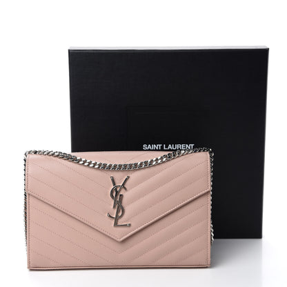 Saint Laurent Grain De Poudre Matelasse Chevron Monogram Chain Wallet Pale Pink 11 of 11