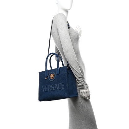 Versace Denim Calfskin La Medusa Small Tote Bag Blue 2 of 10
