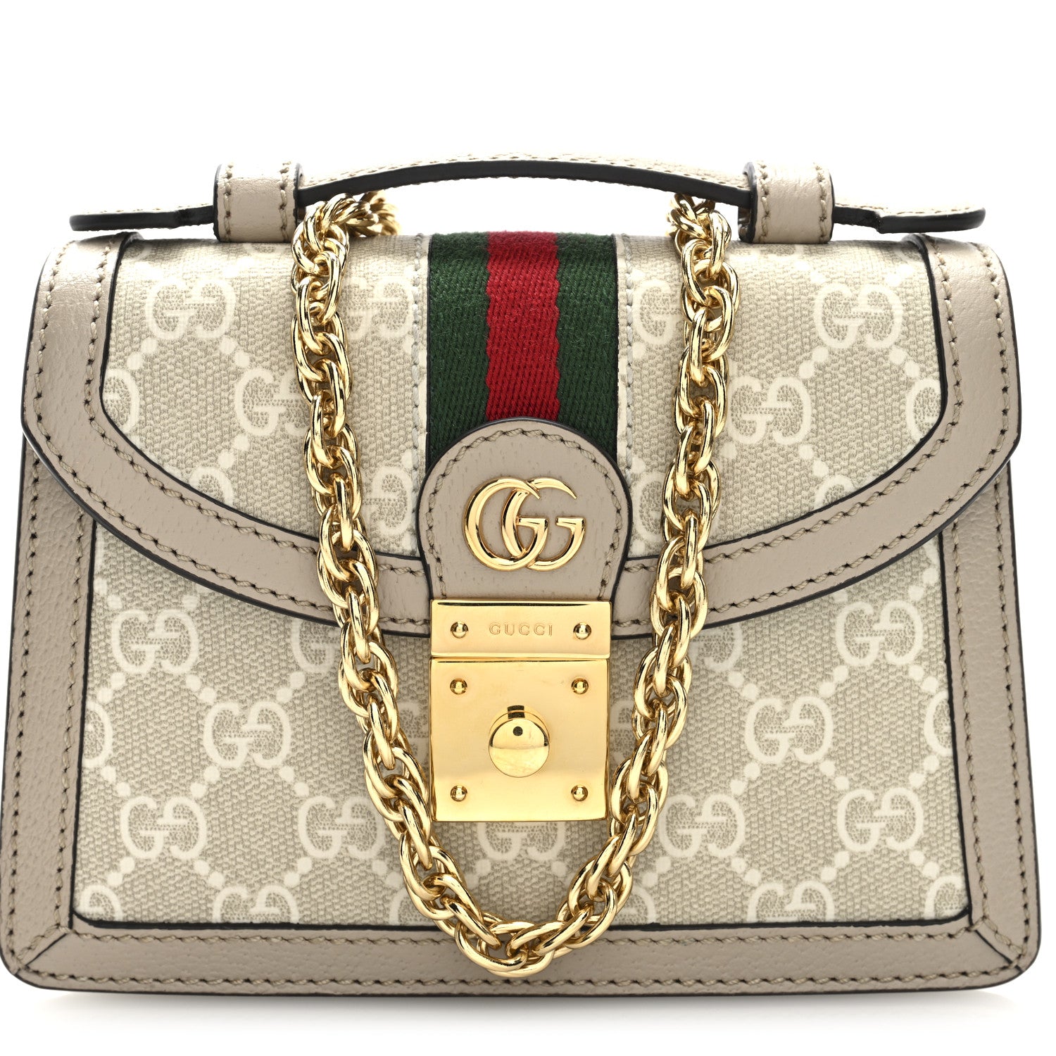 Gucci GG Supreme Monogram Textured Dollar Calfskin Web Mini Ophidia Padlock Top Handle Chain Shoulder Bag Beige Mystic White Oatmeal 7 of 9