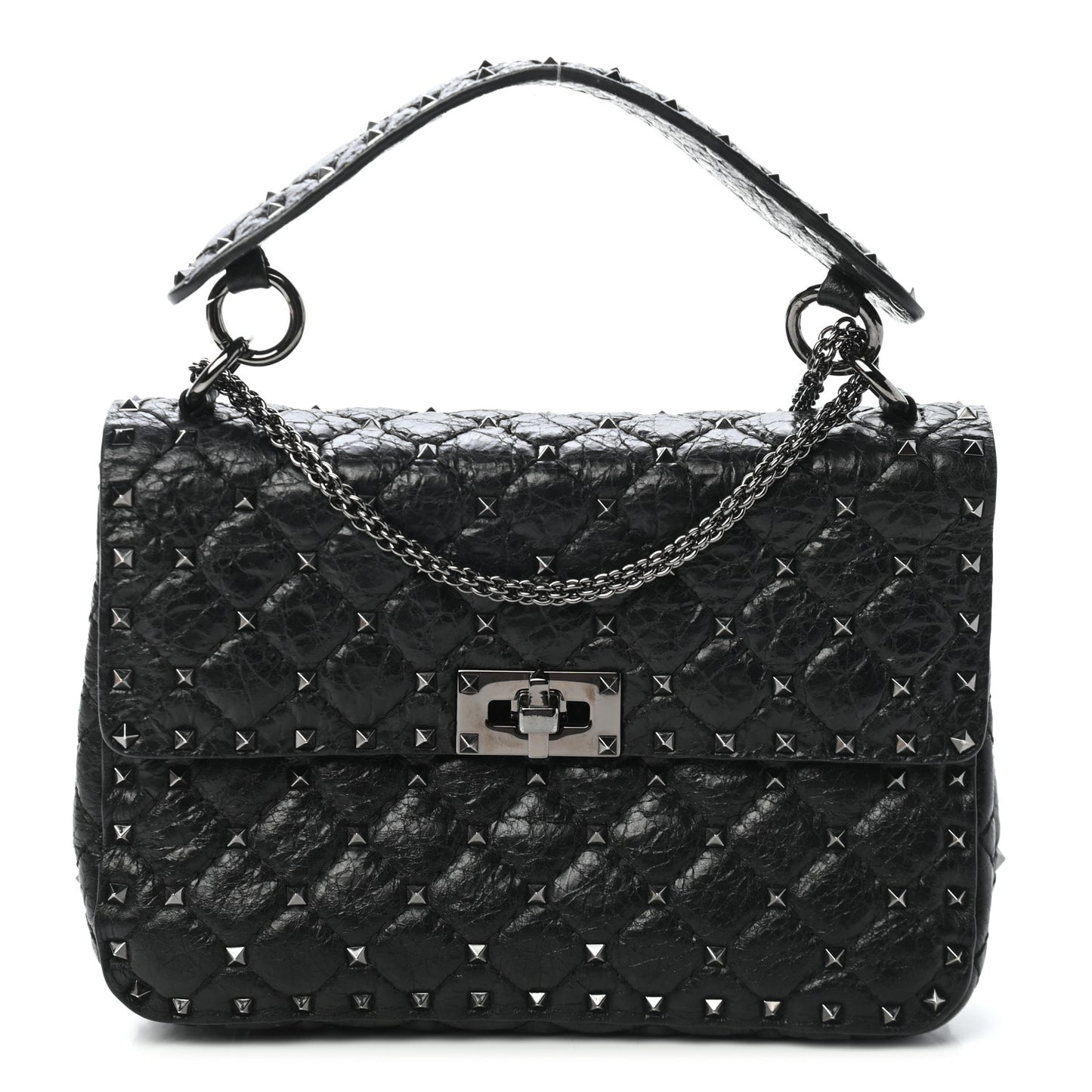 Craquele Nappa Medium Rockstud Spike Shoulder Bag Black