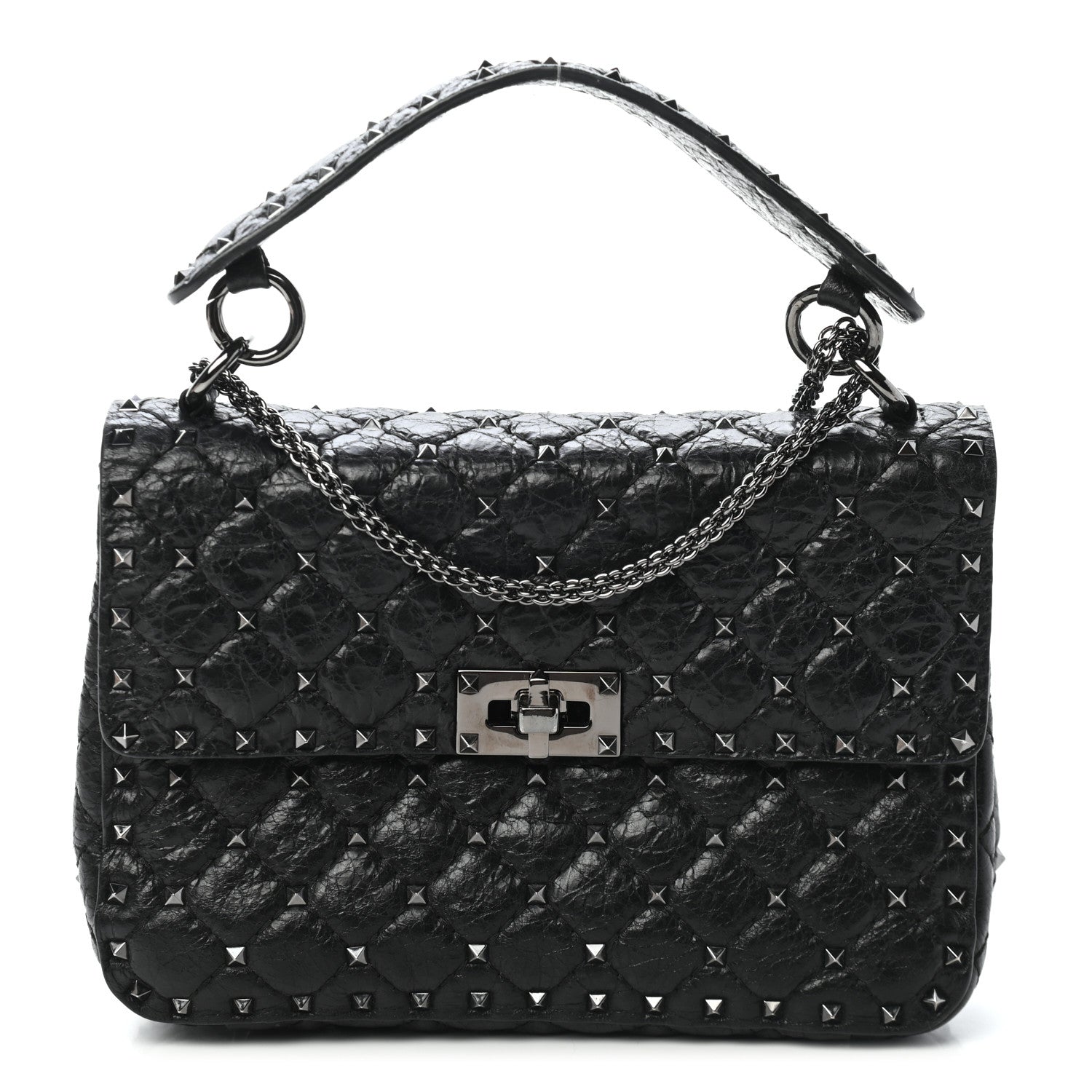Valentino Garavani Craquele Nappa Medium Rockstud Spike Shoulder Bag Black 1 of 8