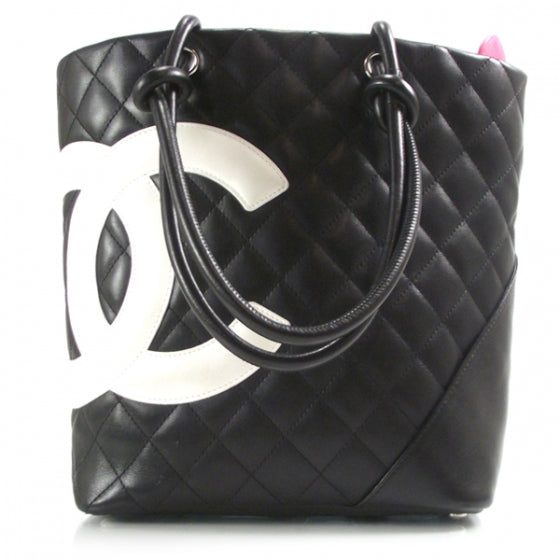 Calfskin Quilted Medium Cambon Tote Black White