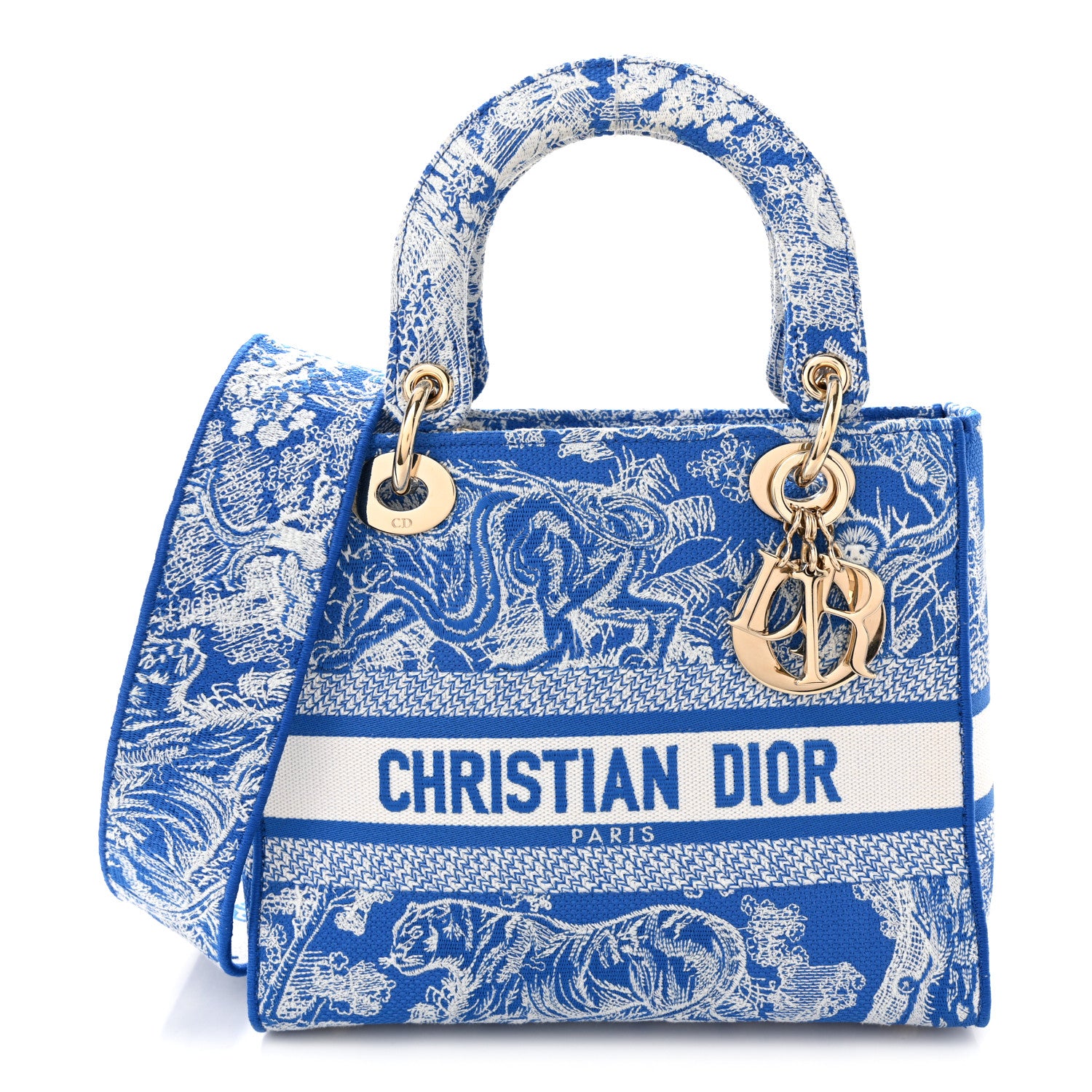 Christian Dior Canvas Toile De Jouy Reverse Embroidered Medium Lady D-Lite Fluorescent Blue 1 of 11