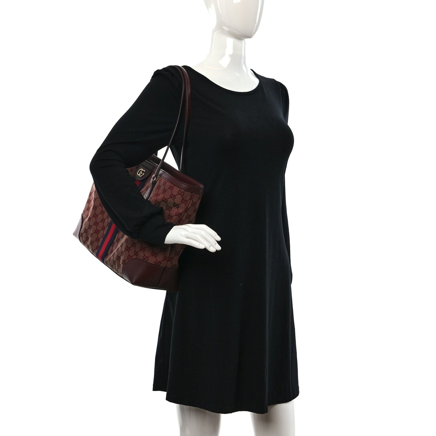 Monogram Textured Dollar Calfskin Web Medium Ophidia Shopping Tote Sahara Rubino Chardonnay