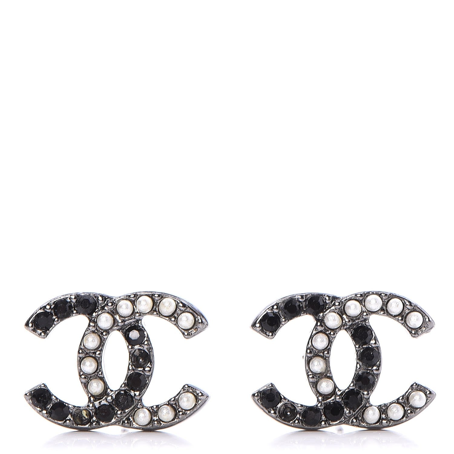 Chanel Pearl Crystal CC Earrings Black Silver 1 of 4