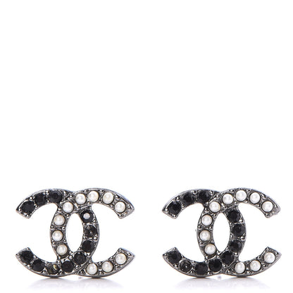 Chanel Pearl Crystal CC Earrings Black Silver 1 of 4