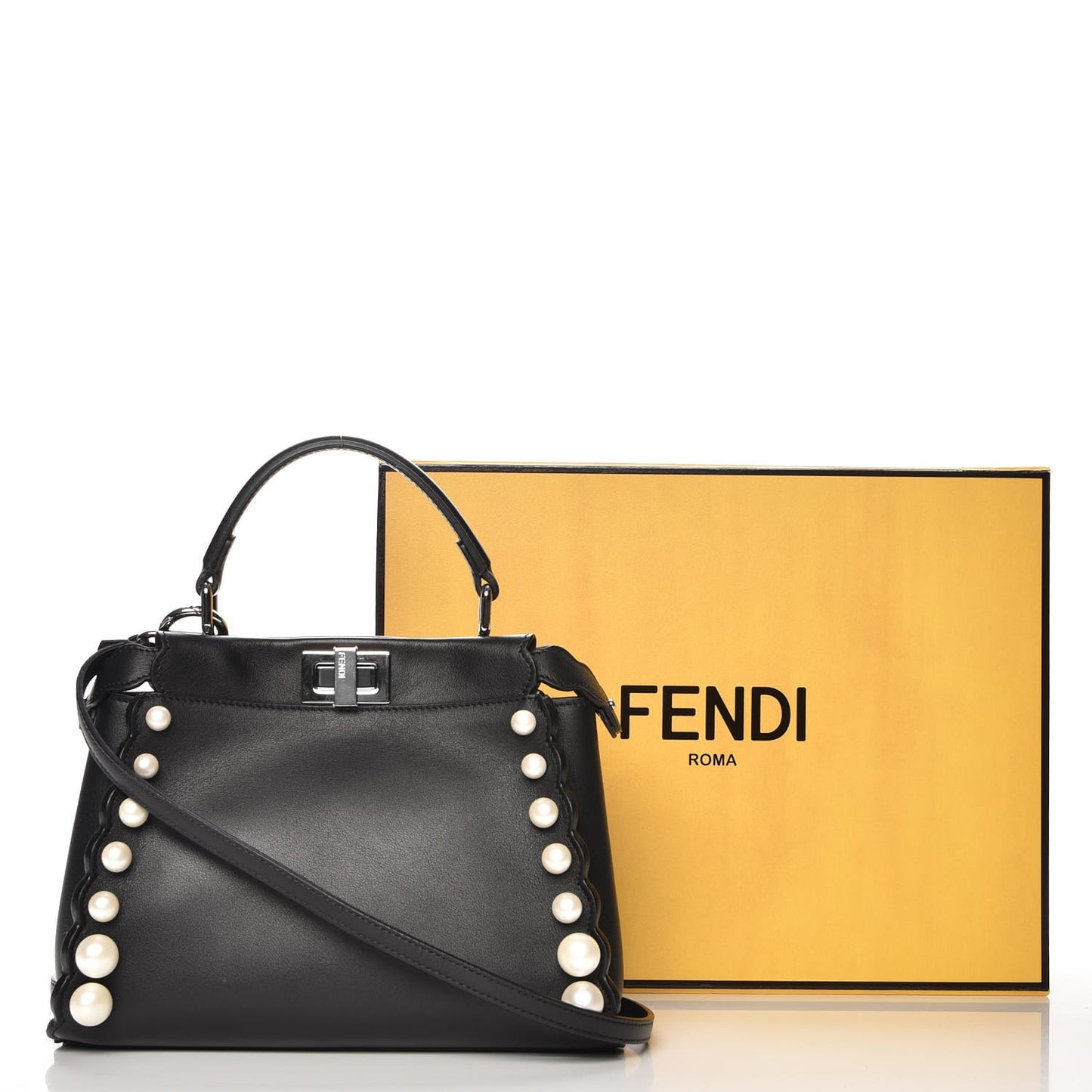 Vitello Seta Shiny Nappa Pearl Scallopped Studded Mini Peekaboo Iconic Satchel Black