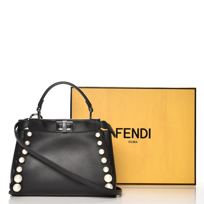 Fendi Vitello Seta Shiny Nappa Pearl Scallopped Studded Mini Peekaboo Iconic Satchel Black 9 of 9