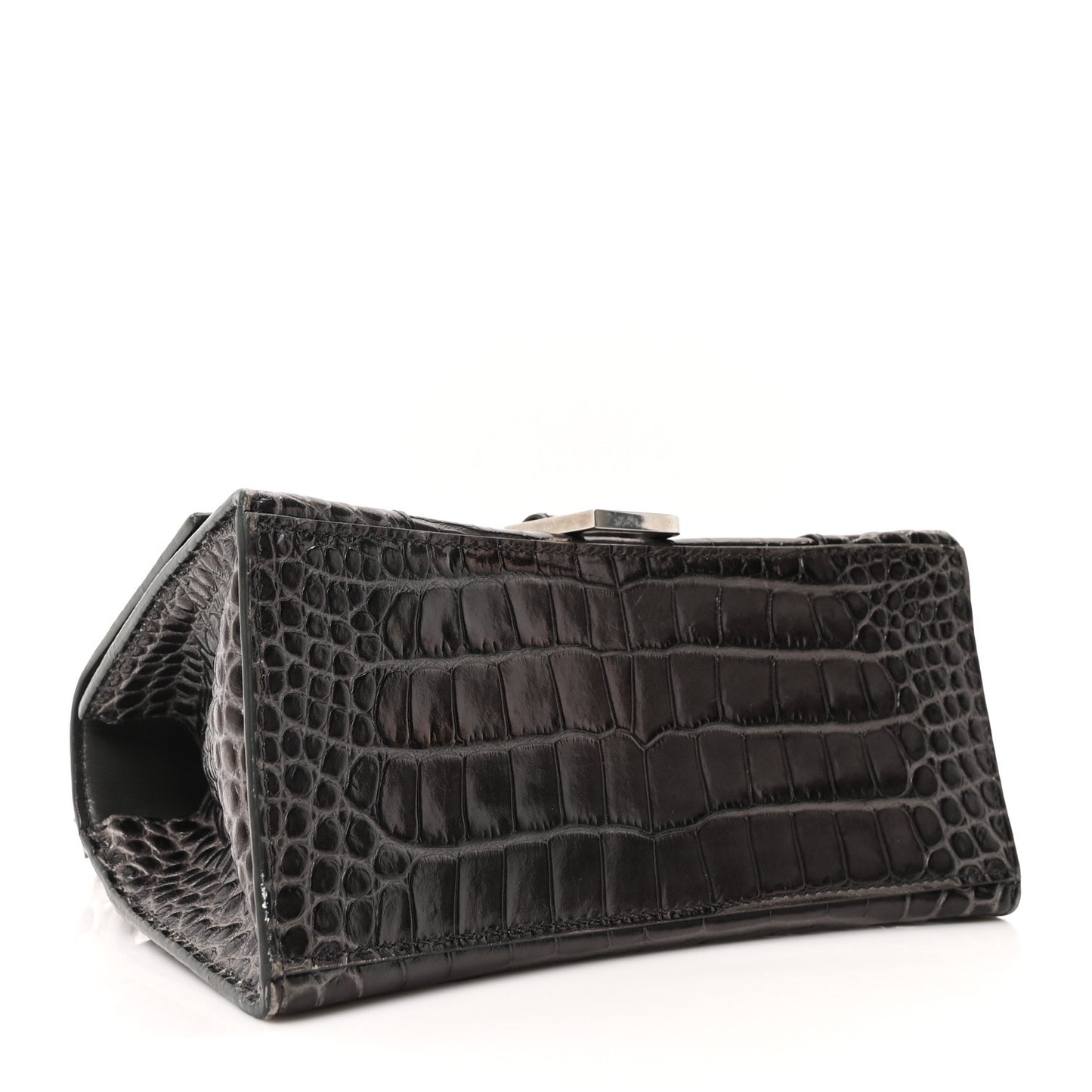 Shiny Calfskin Crocodile Embossed Small Hourglass Top Handle Bag Dark Grey