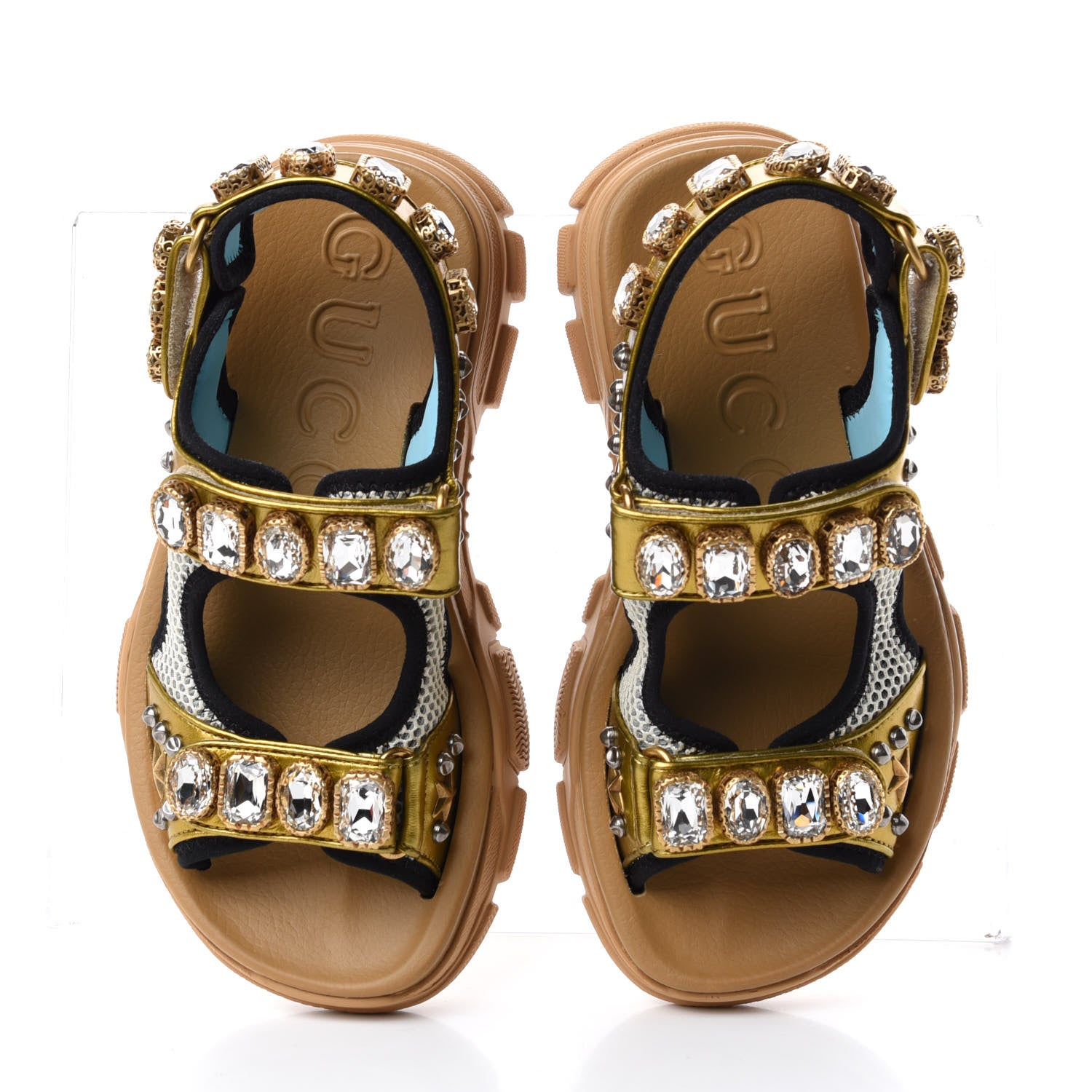 Gucci Silk Calfskin Mesh Crystal Embellished Studded Womens Aguru Sandals 36 Gold 5 of 10