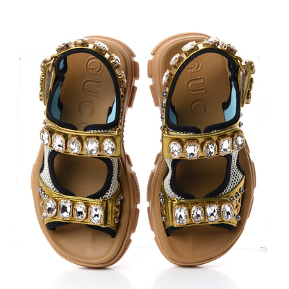 Gucci Silk Calfskin Mesh Crystal Embellished Studded Womens Aguru Sandals 36 Gold 5 of 10