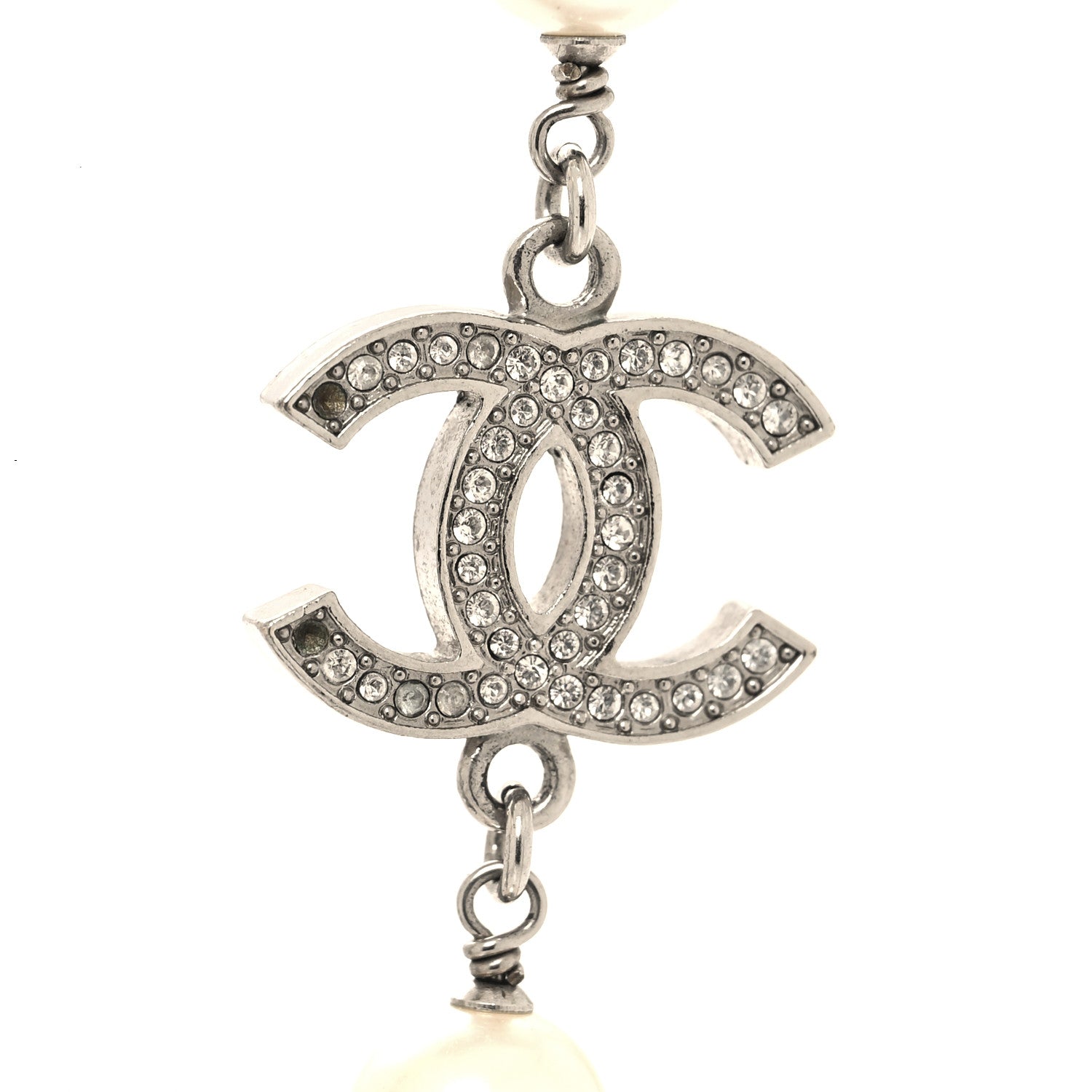 Chanel Graduated Pearl Crystal CC Long Necklace Silver 6 of 6