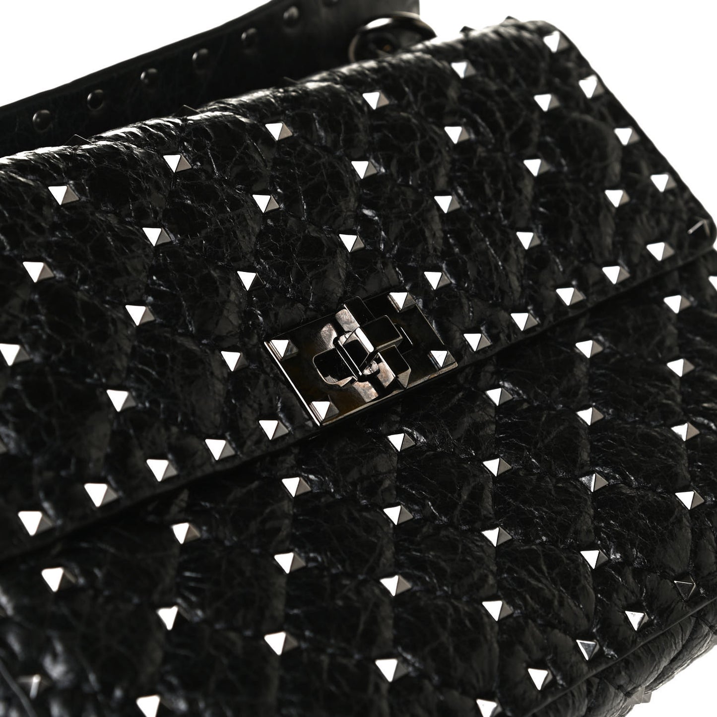 Craquele Nappa Medium Rockstud Spike Shoulder Bag Black