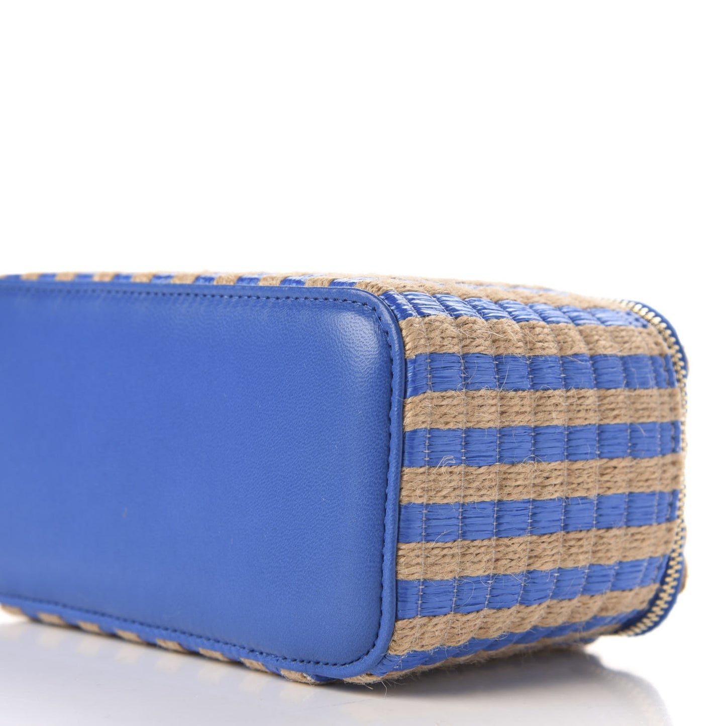 Raffia Jute Striped Small Vanity Case With Chain Blue Beige