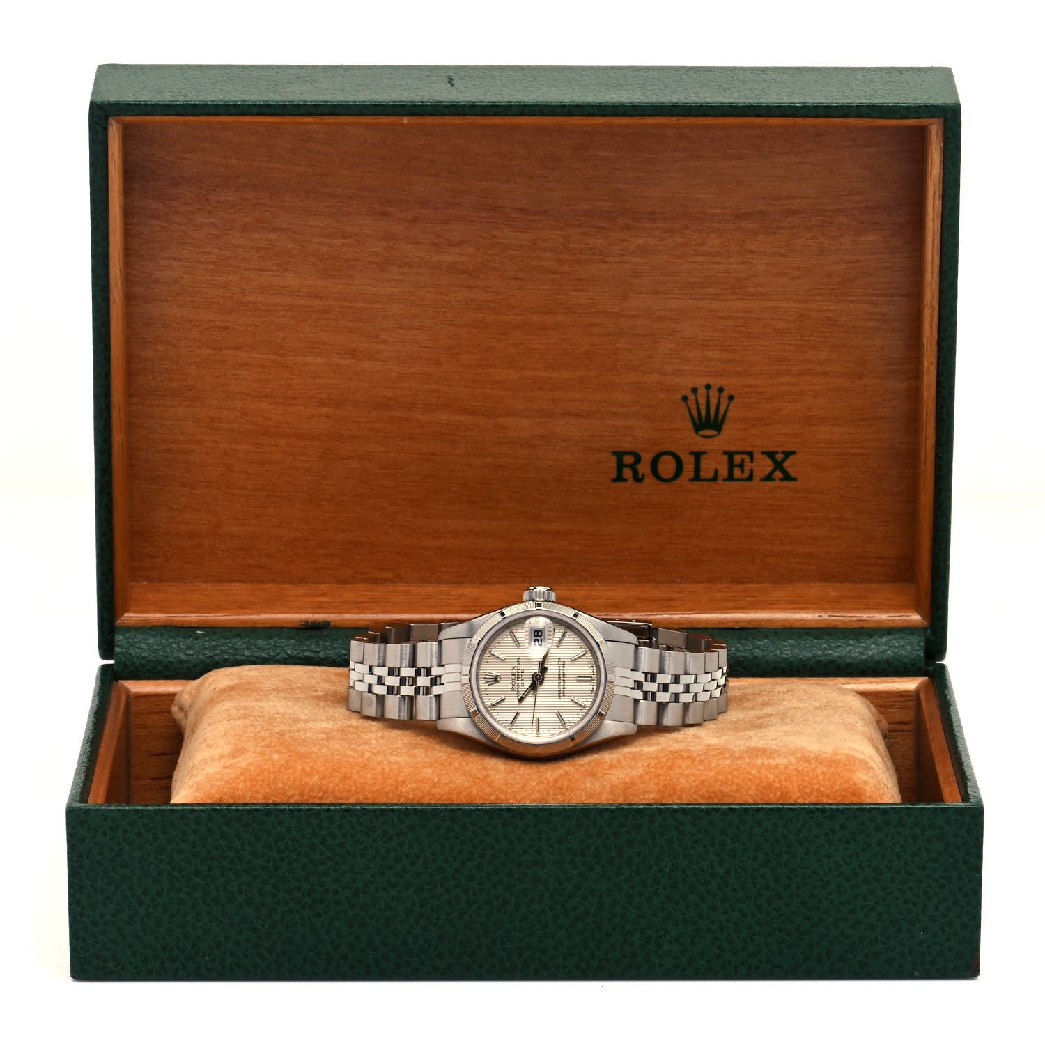 Rolex Stainless Steel 26mm Oyster Perpetual Date Watch Silver Tapestry 69190 5 of 5