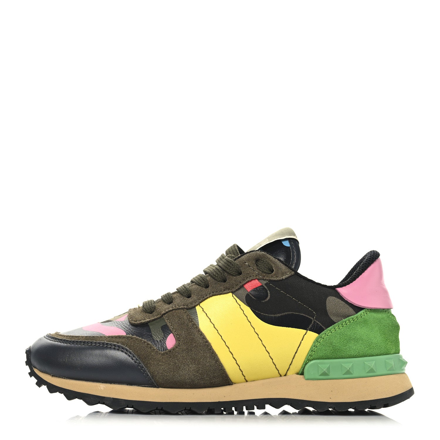 Valentino Garavani Nappa Suede Camouflage Womens Rockrunner Sneakers  36.5 Army Green Naples Yellow Ninphea 1 of 11