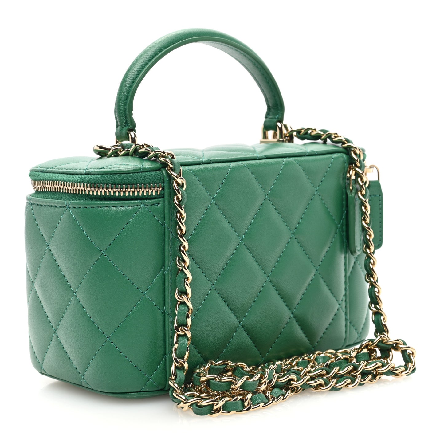 Lambskin Quilted Small Top Handle Vanity Case With Chain Green
