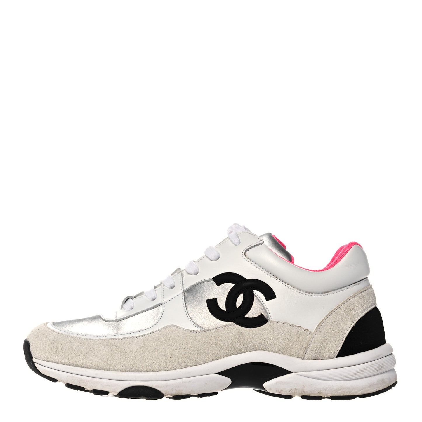 Calfskin Fabric Sneakers 40 White Silver Fluo Pink