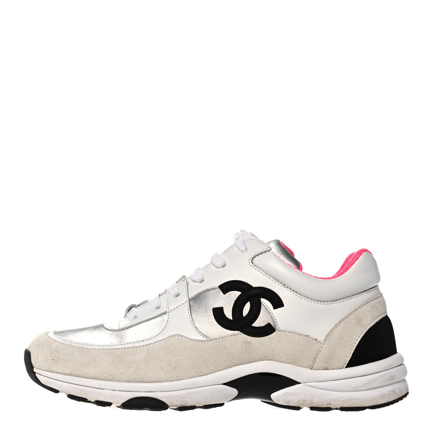 Chanel Calfskin Fabric Sneakers 40 White Silver Fluo Pink 1 of 12