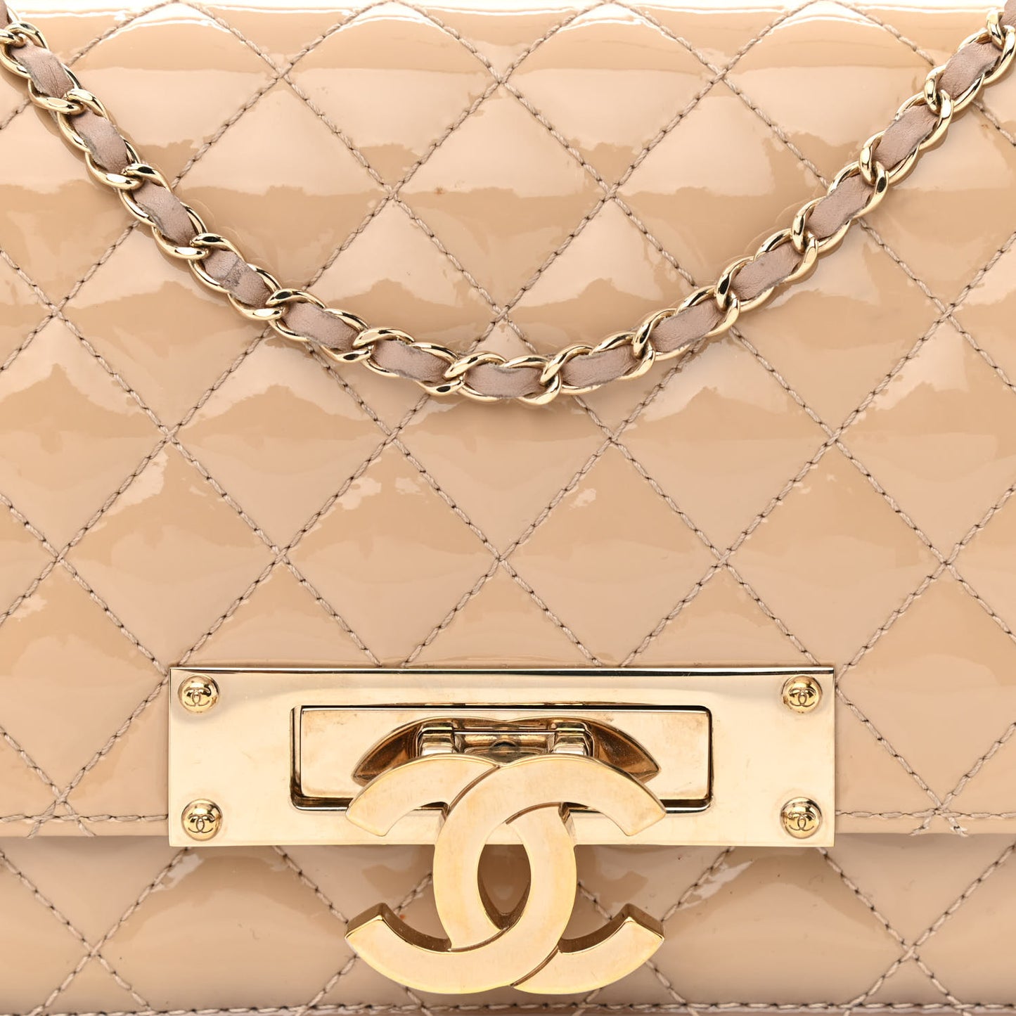Patent Quilted Golden Class Wallet on Chain WOC Light Beige