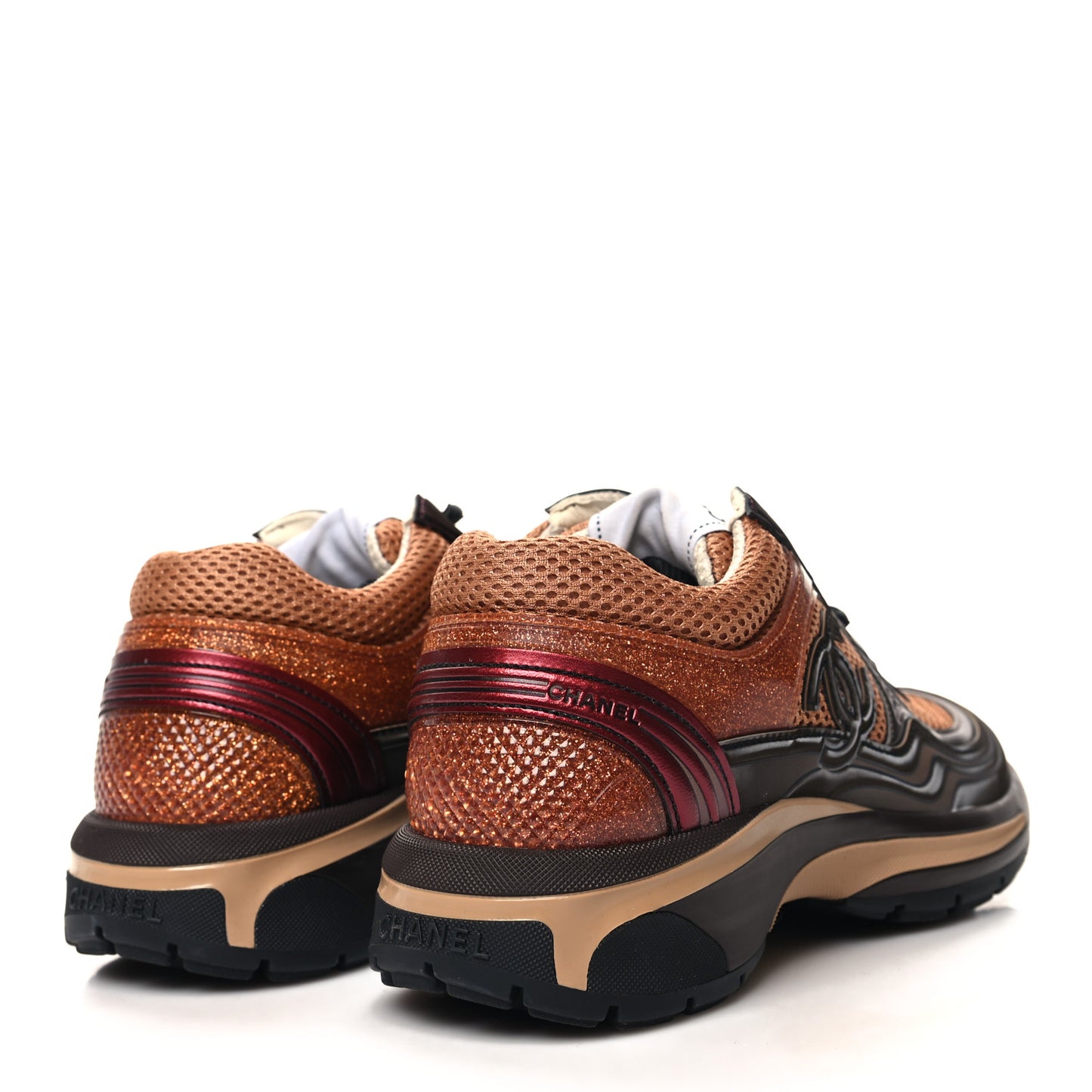 Fabric Laminated Calfskin Stretch CC Womens Sneakers 36 Brown Dark Grey