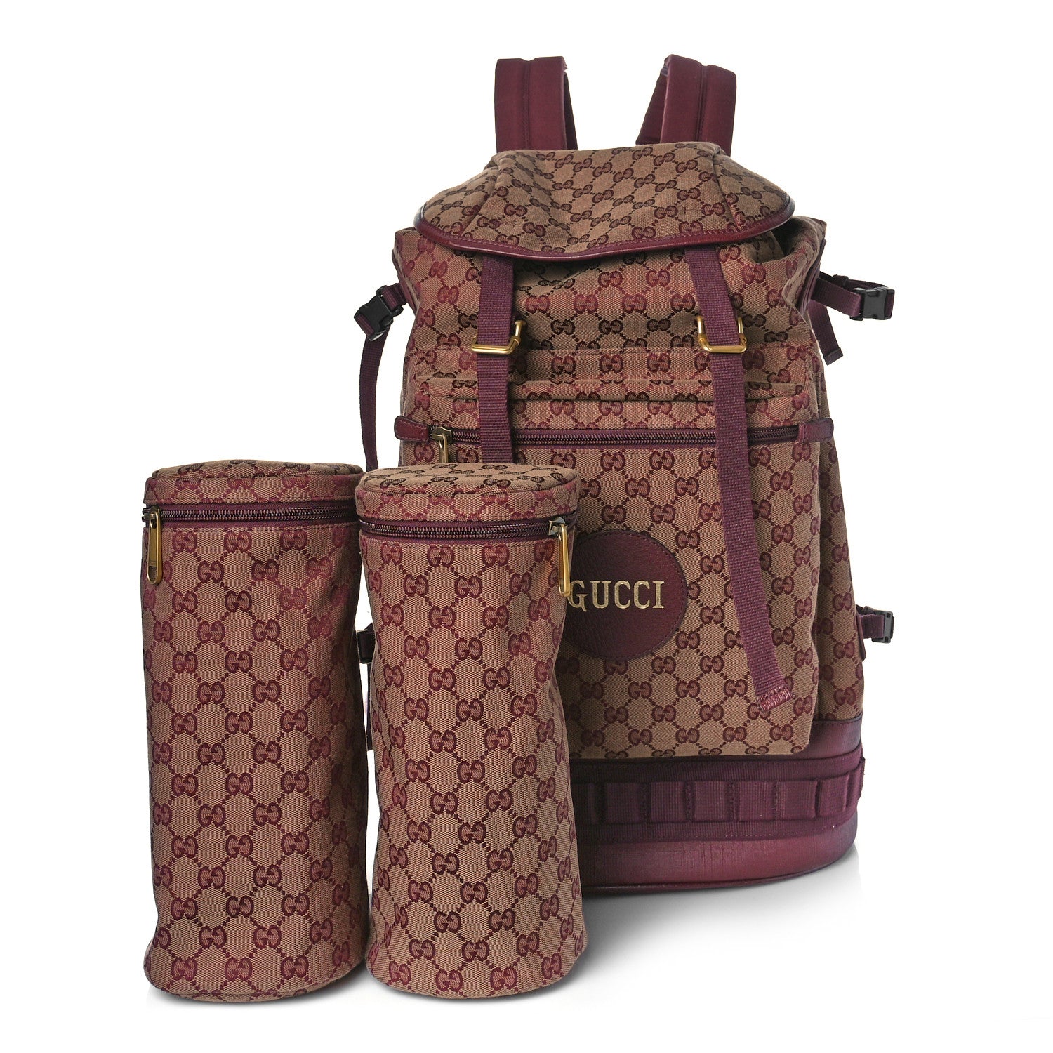 Gucci GG Monogram Script Logo Large Double Pocket Backpack Sahara Rubino Bordeaux 1 of 11