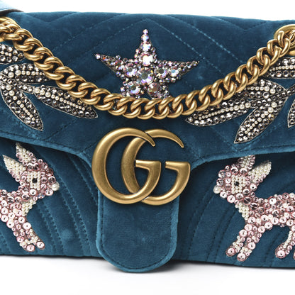 Gucci Velvet Matelasse Embroidered Small GG Marmont Shoulder Bag Pavone Cyan 11 of 12