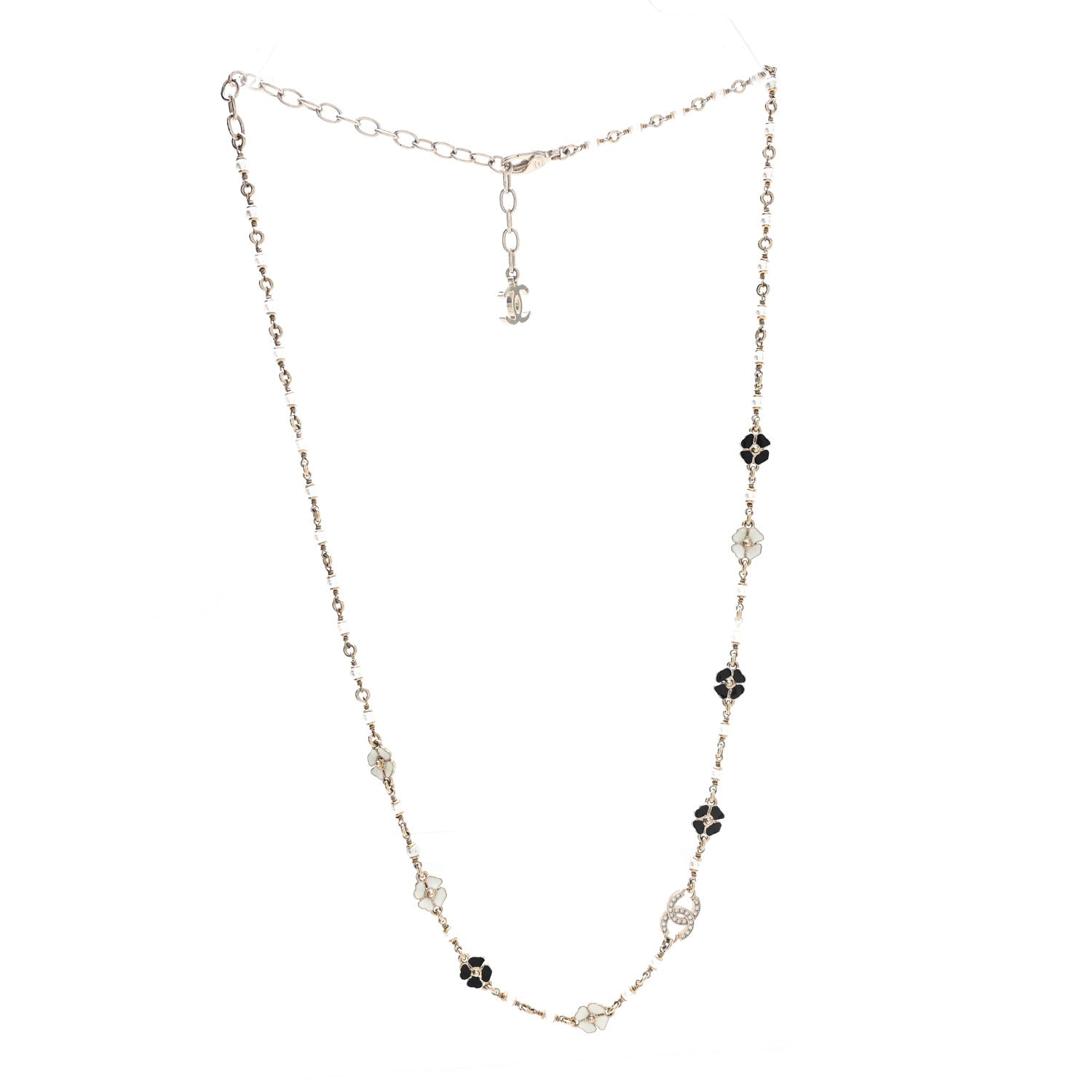 Chanel Resin Pearl Crystal CC Camellia Necklace Gold Black White 3 of 5