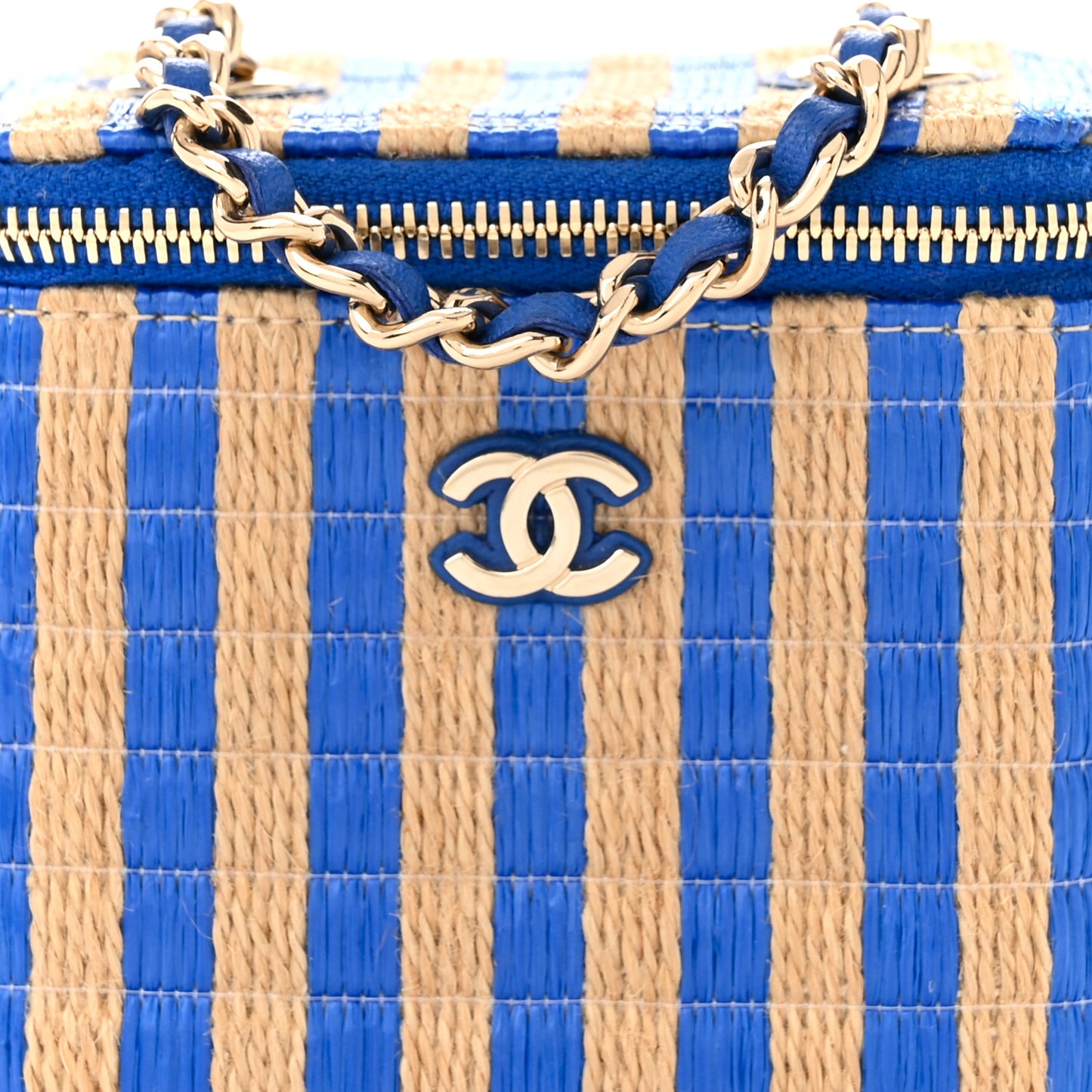 Raffia Jute Striped Mini Vanity Case With Chain Blue Beige