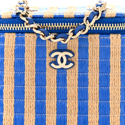 Chanel Raffia Jute Striped Mini Vanity Case With Chain Blue Beige 8 of 11