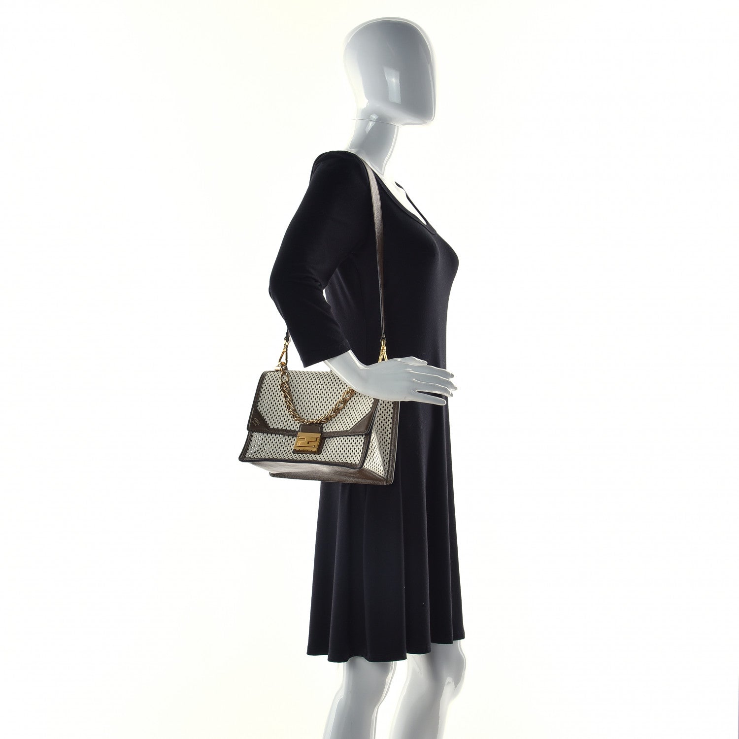 Fendi Vitello Liberty Glossy Lambskin F is Fendi Perforated Kan U Shoulder Bag White Ice Rust Maya 2 of 9
