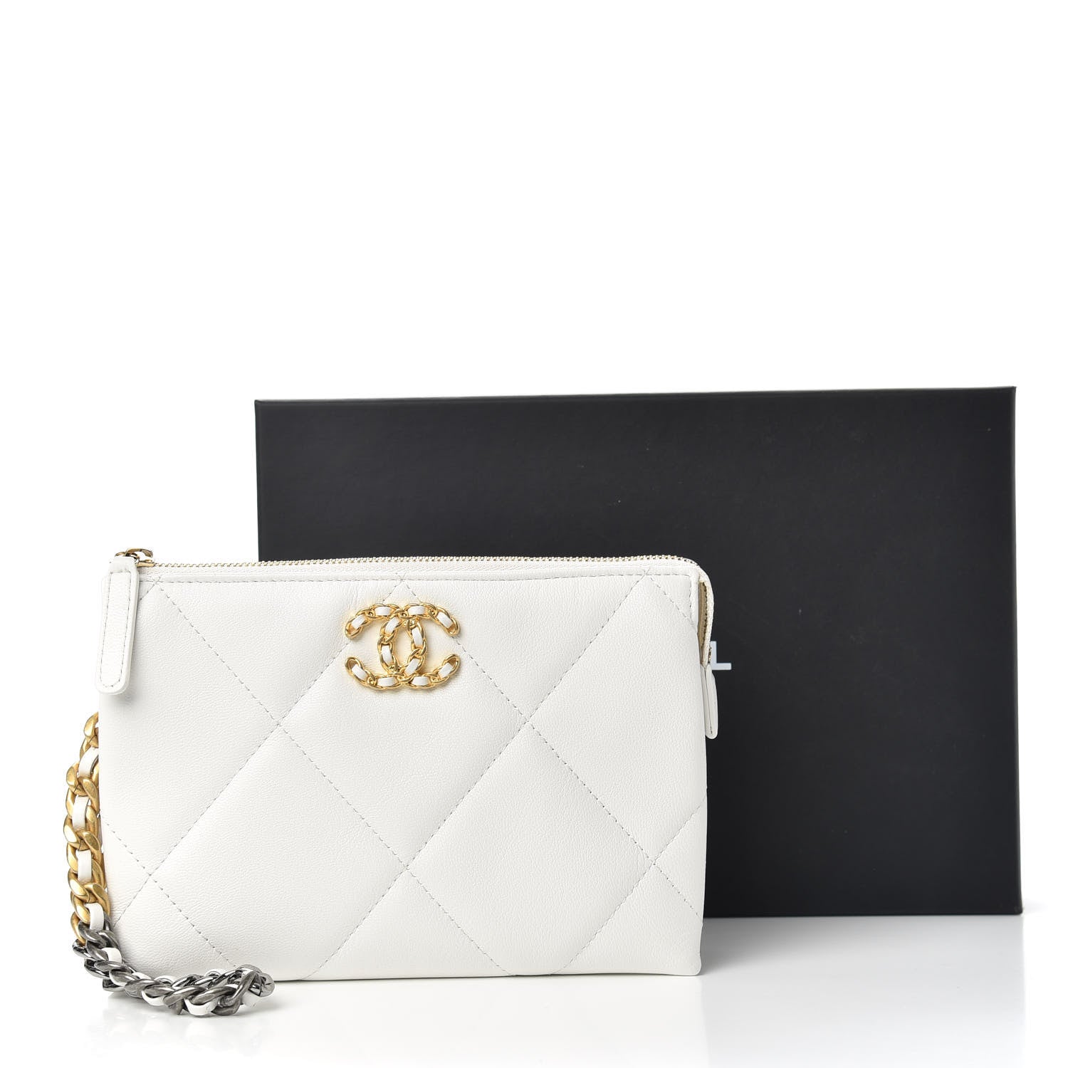 Chanel Shiny Goatskin Quilted Chanel 19 Small Pouch With Handle White 8 of 8