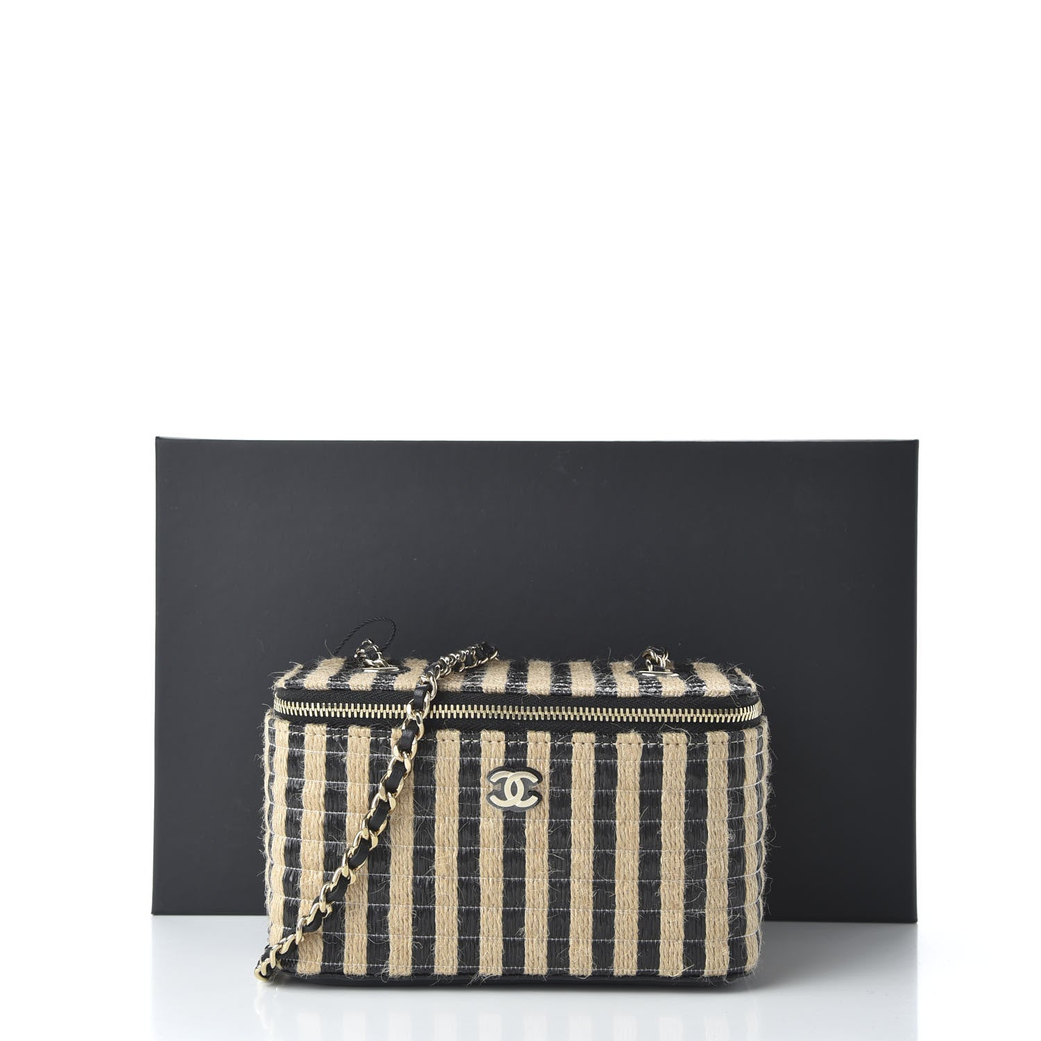 Chanel Raffia Jute Striped Small Vanity Case With Chain Black Beige 11 of 11