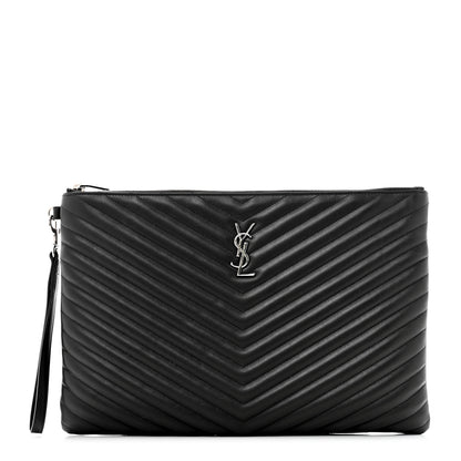 Saint Laurent Calfskin Matelasse Chevron Cassandre Monogram Document Holder Coal 1 of 9