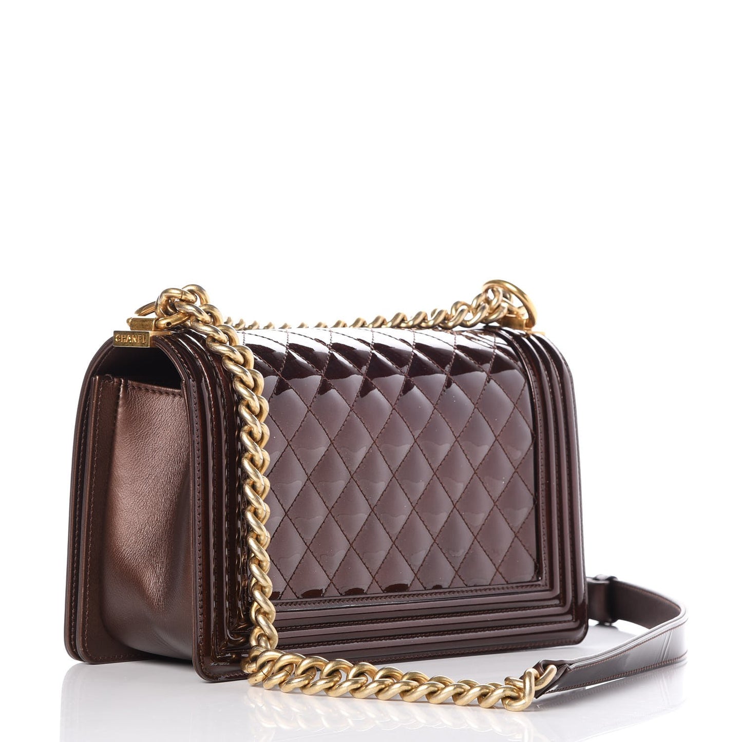 Metallic Patent Calfskin Quilted Medium Boy Flap Brown