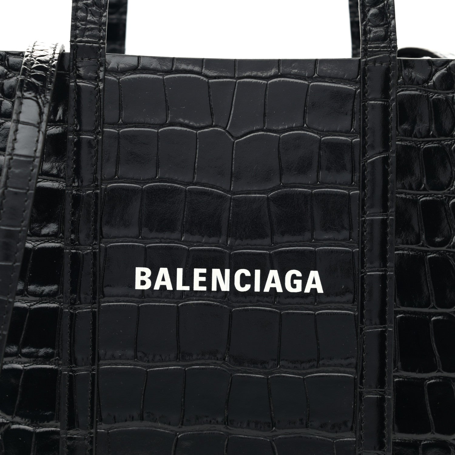 Balenciaga Shiny Calfskin Logo Crocodile Embossed XXS Everyday Tote Black 7 of 9