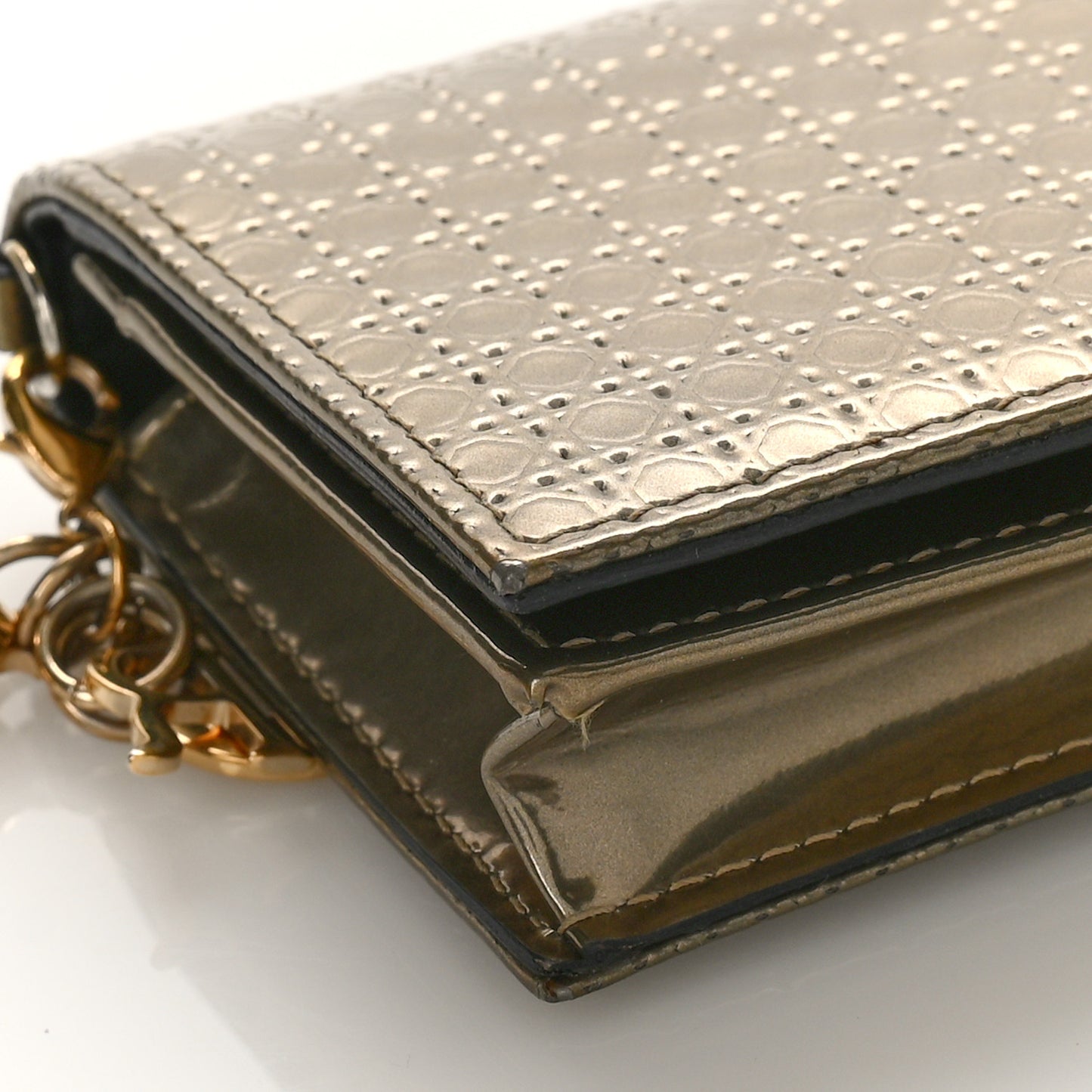 Metallic Patent Micro-Cannage Lady Dior Card Holder Gold