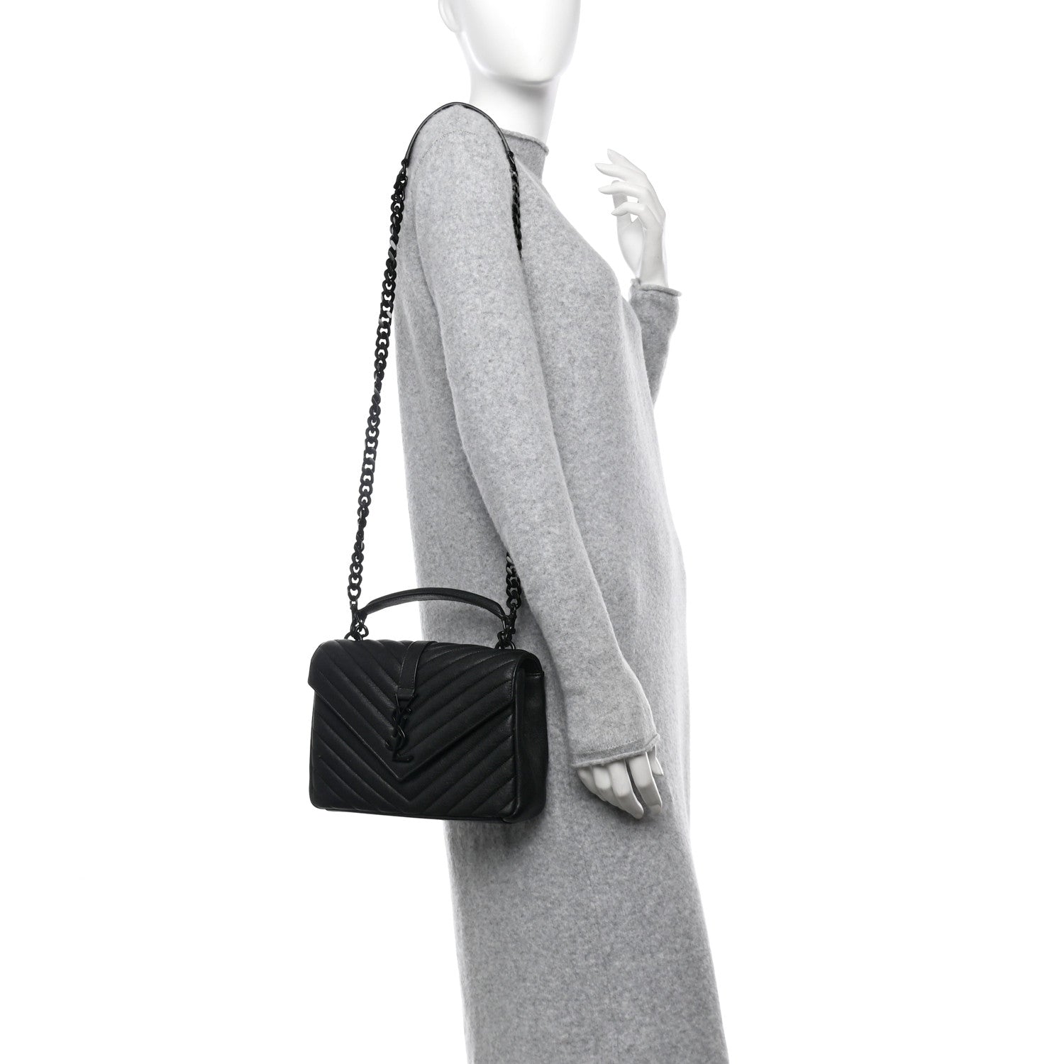 Saint Laurent Sheepskin Matelasse Chevron Monogram Monochrome Medium College Bag Black 2 of 10