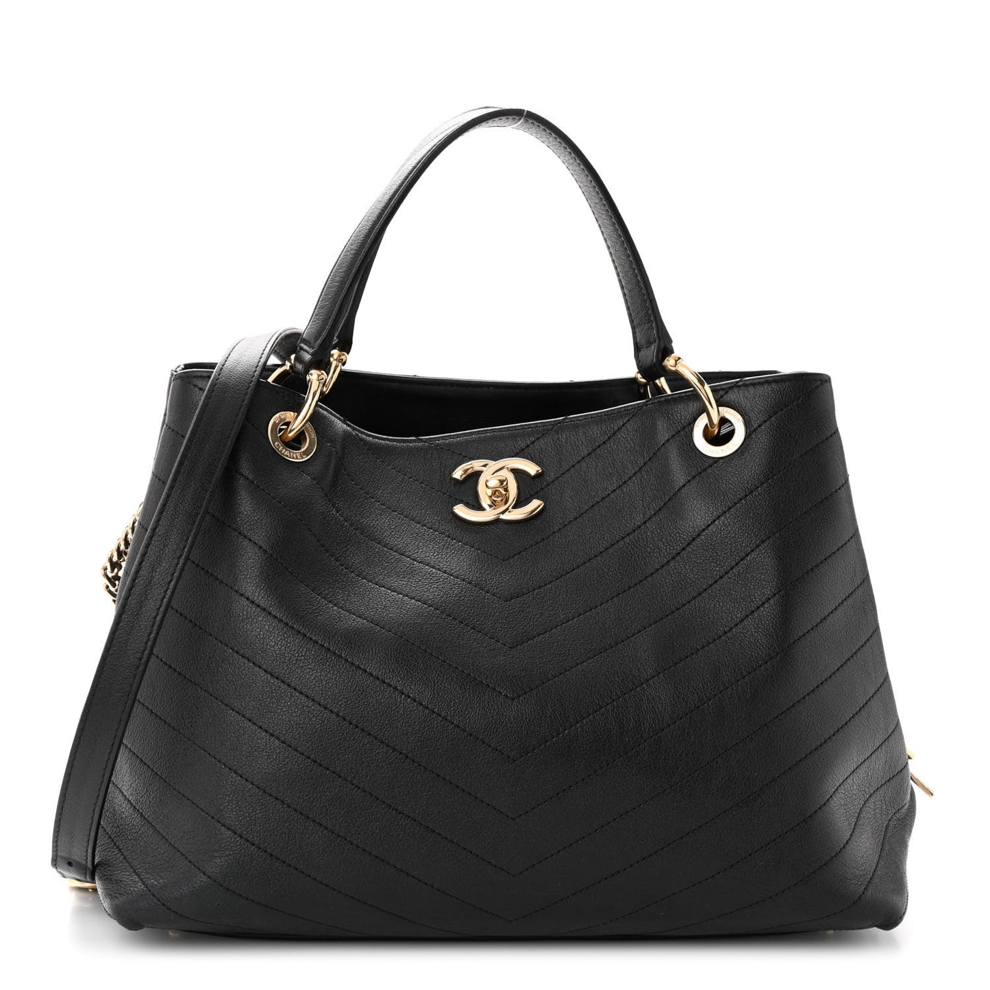 Calfskin Stitched Large Chevron Chic Shopping Bag Black