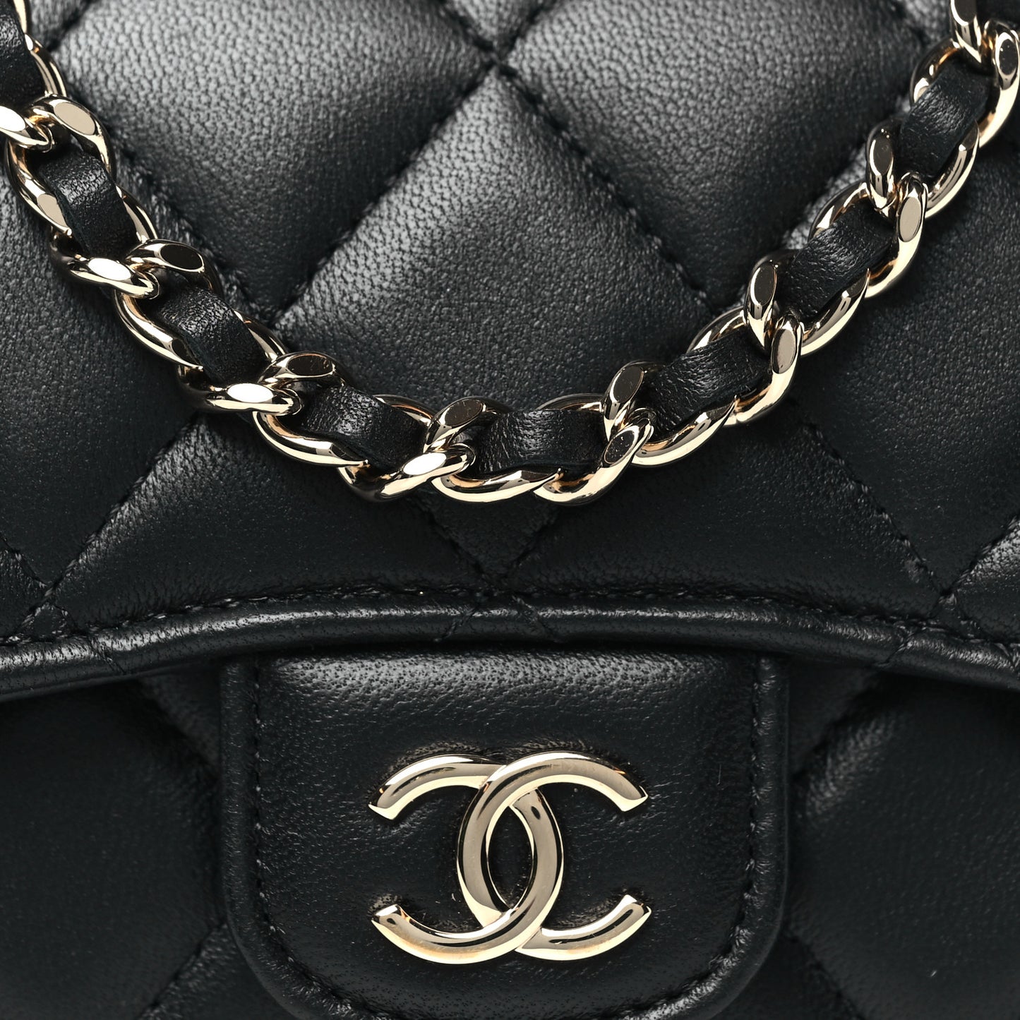 Lambskin Quilted Top Handle Flap Clutch With Chain Black