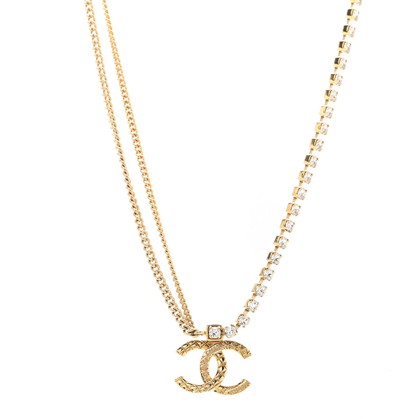Metal Crystal Quilted CC Pendant Necklace Gold