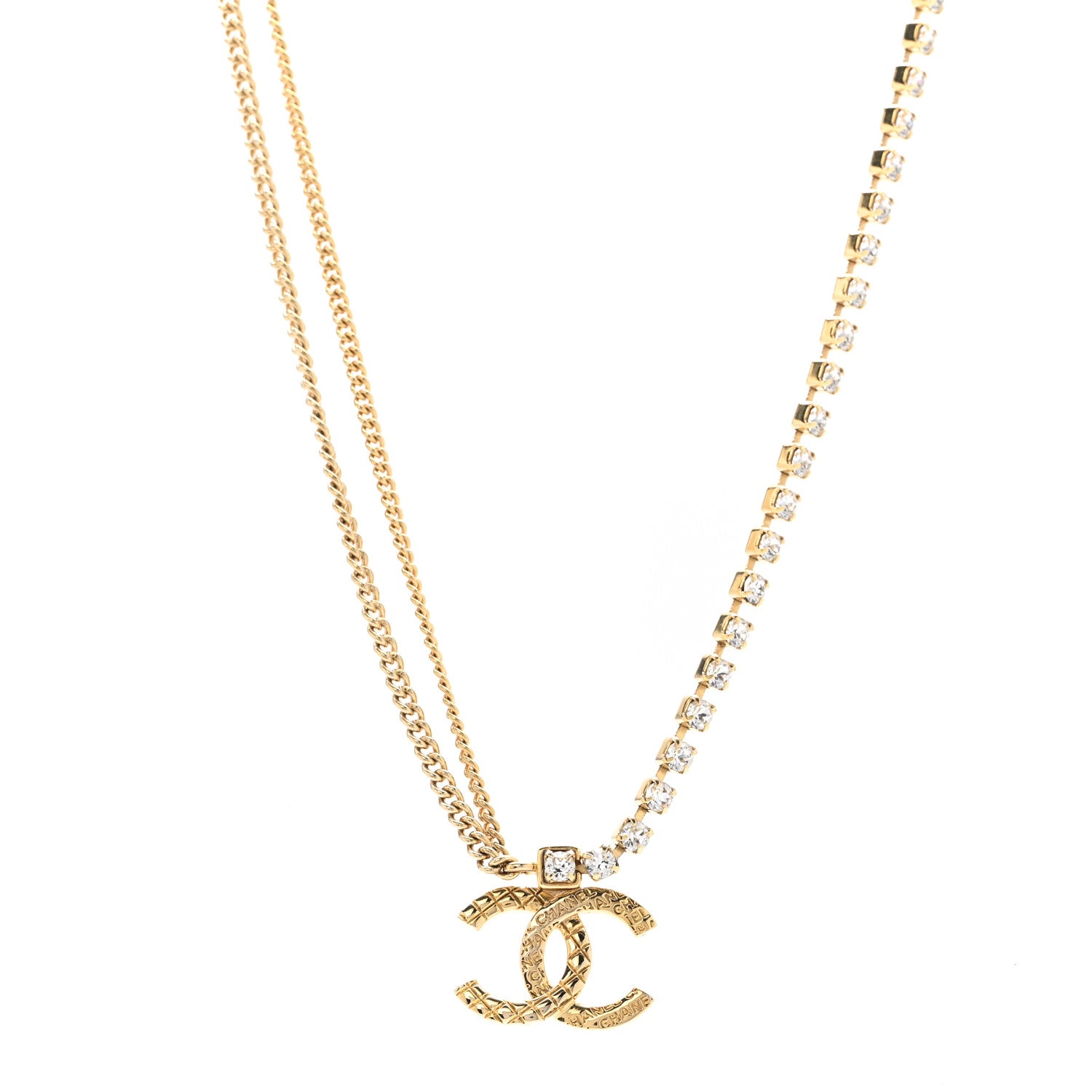 Chanel Metal Crystal Quilted CC Pendant Necklace Gold 1 of 6