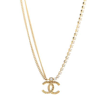 Chanel Metal Crystal Quilted CC Pendant Necklace Gold 1 of 6