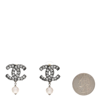 Chanel Crystal Pearl CC Drop Earrings Silver 2 of 5