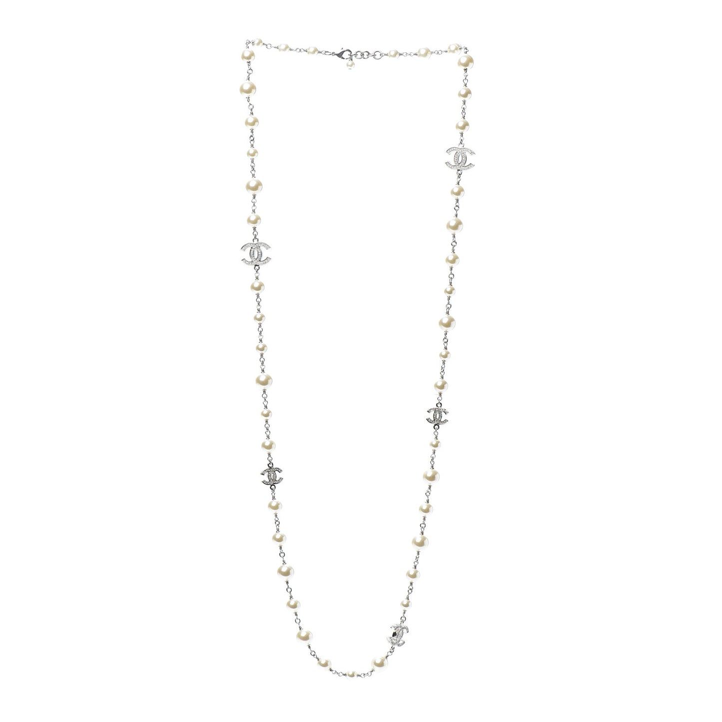 Crystal Pearl CC Long Necklace Silver
