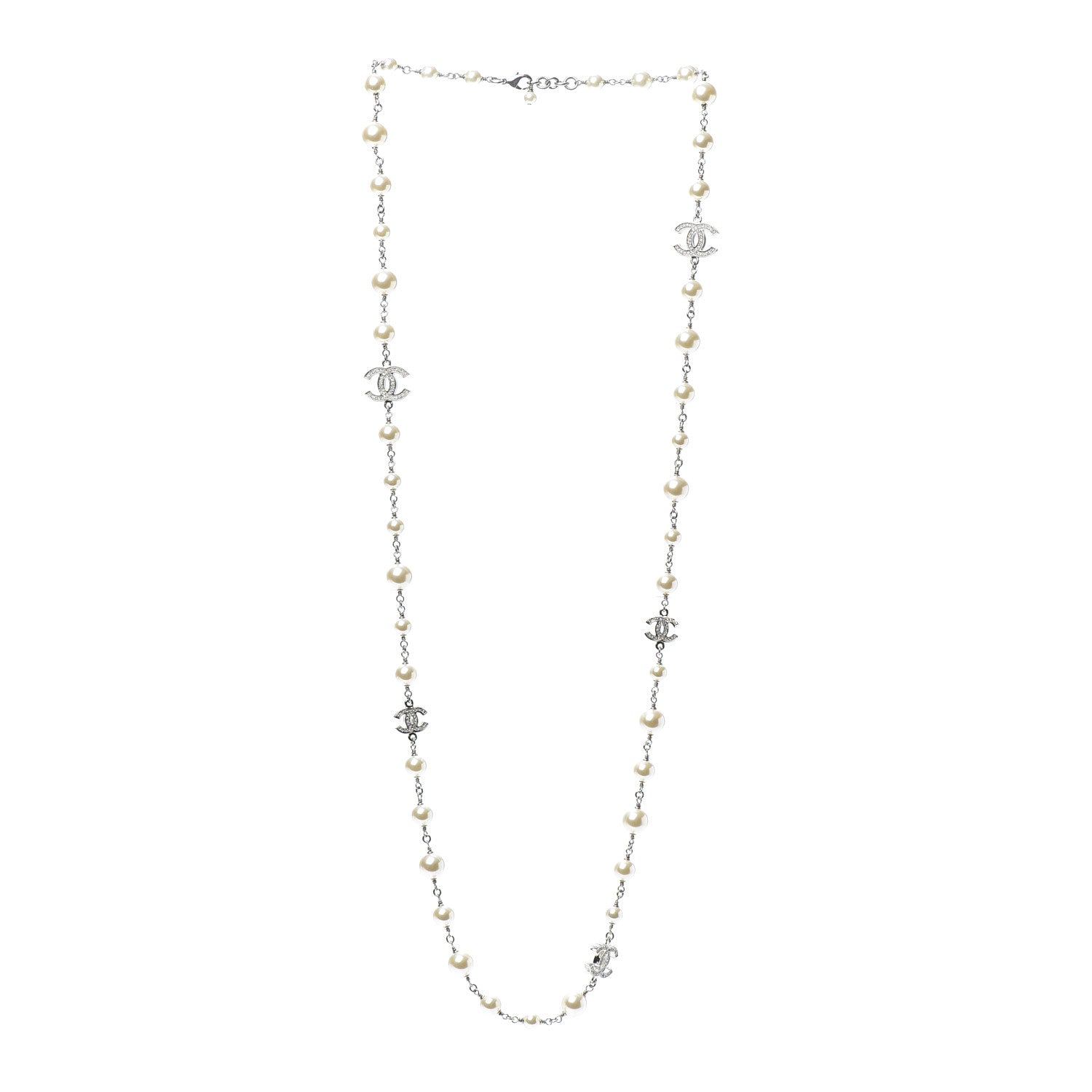 Chanel Crystal Pearl CC Long Necklace Silver 3 of 4