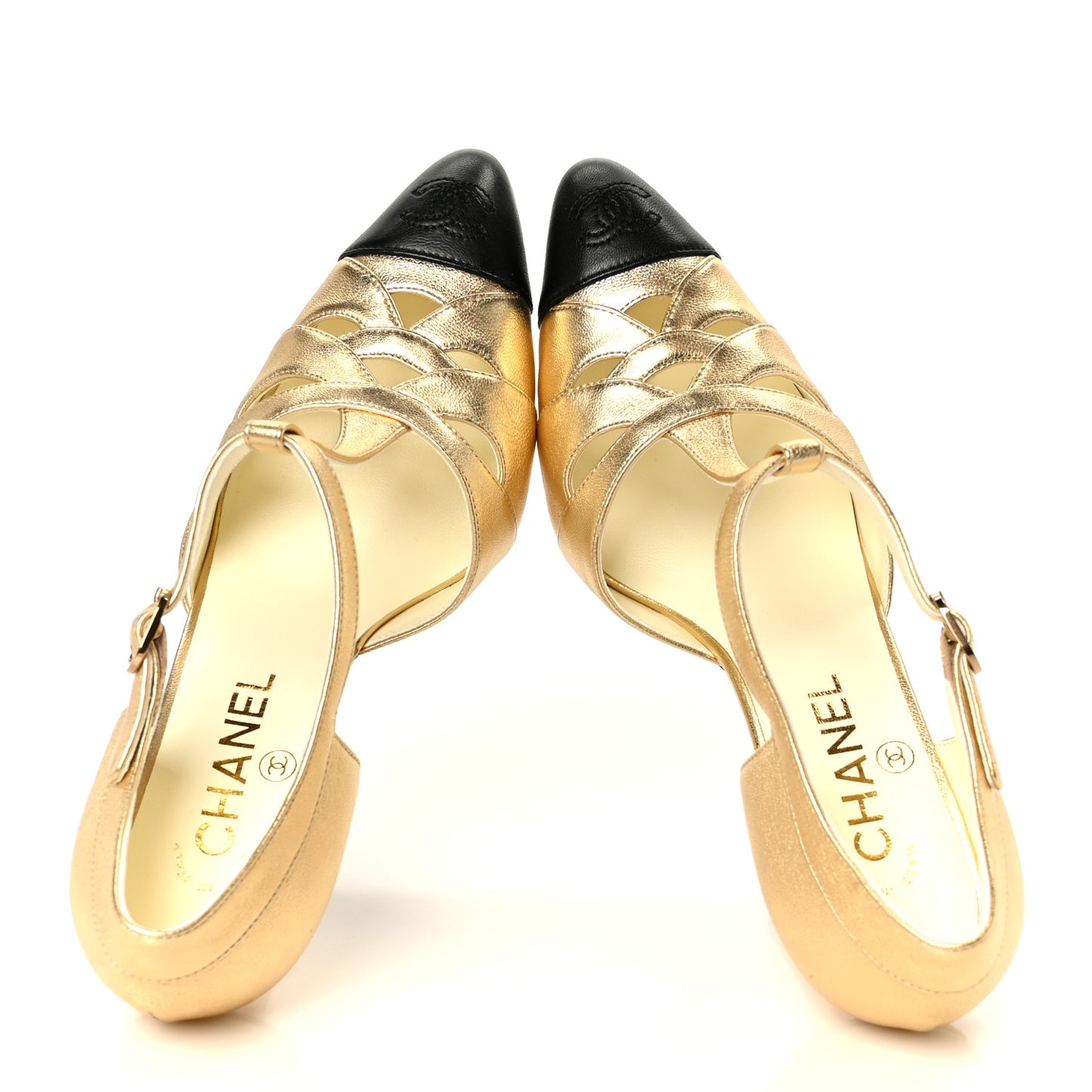 Laminated Lambskin Cap Toe CC Mary Jane Pumps 37 Gold Black