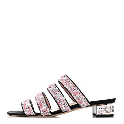 Chanel Tweed Grosgrain Sandals 37 Black Blue Pink 1 of 10