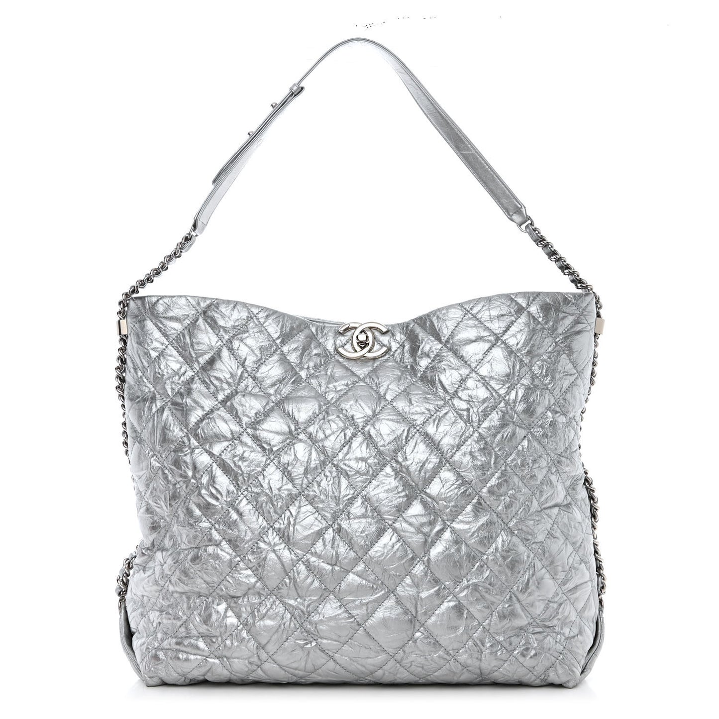 Metallic Crackled Calfskin Quilted Large Big Bang Hobo Silver