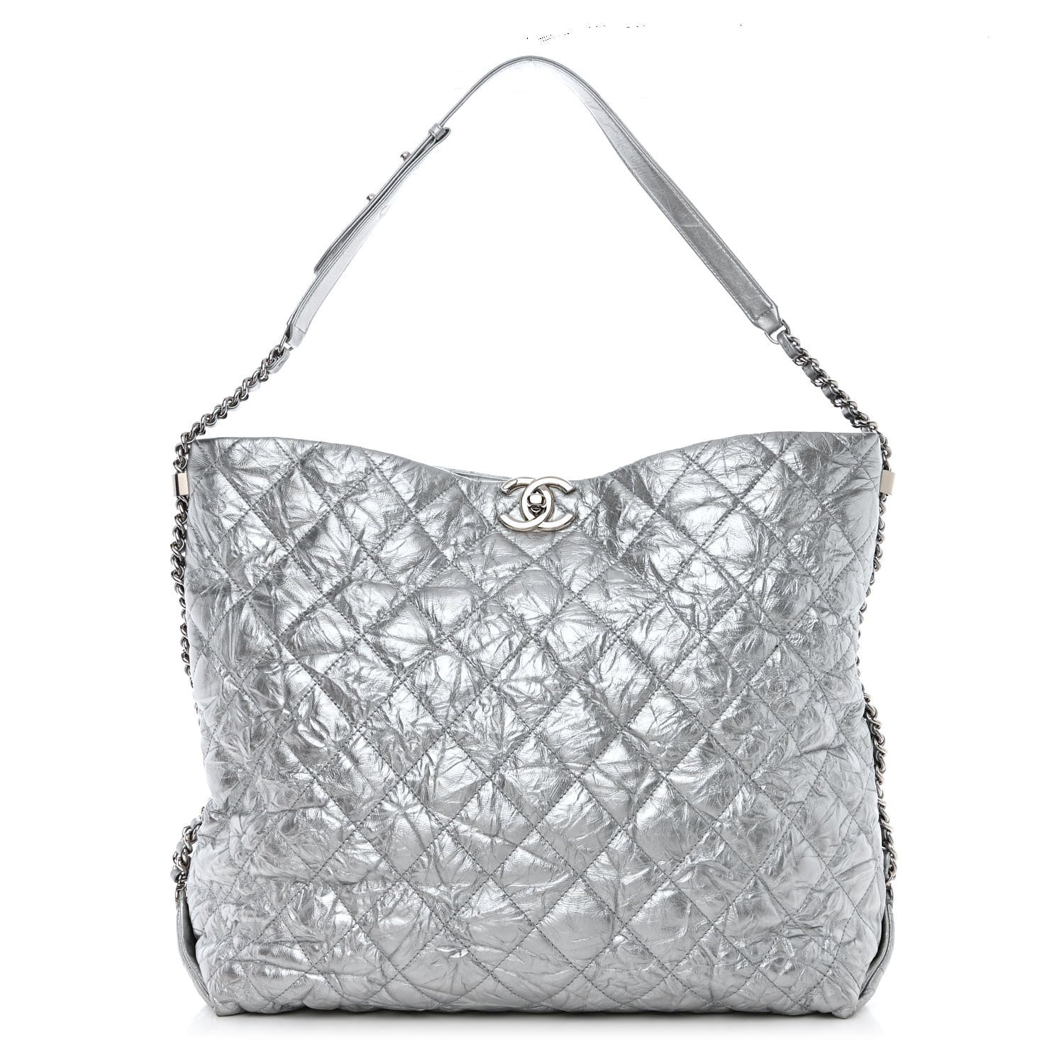 Chanel Metallic Crackled Calfskin Quilted Large Big Bang Hobo Silver 1 of 10